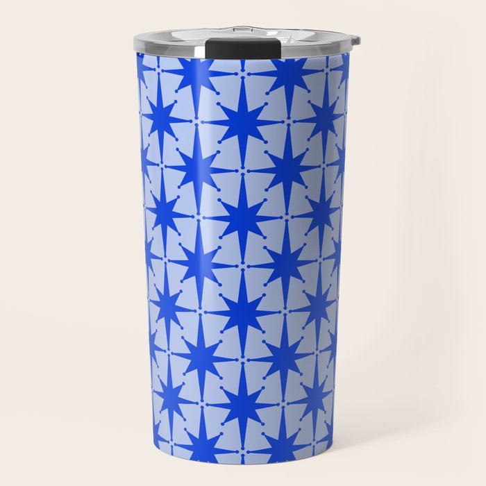 Mid Century Modern Atomic Stars Retro Starburst Pattern in Royal Blue and Light Blue Travel Mug Gallery Image 1