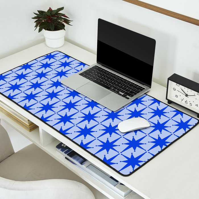Mid Century Modern Atomic Stars Retro Starburst Pattern in Royal Blue and Light Blue Desk Mat Gallery Image 2