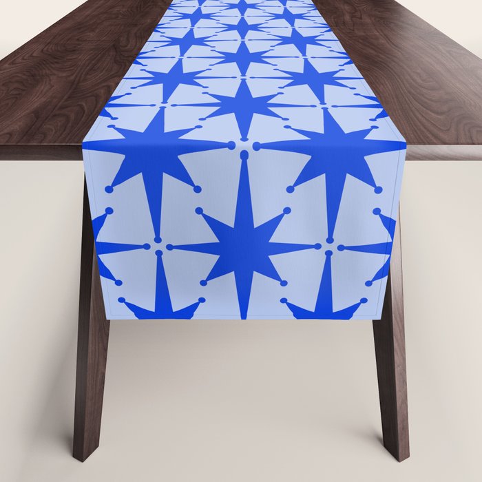 Mid Century Modern Atomic Stars Retro Starburst Pattern in Royal Blue and Light Blue Table Runner Gallery Image 1