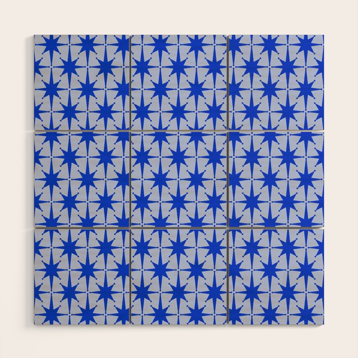 Mid Century Modern Atomic Stars Retro Starburst Pattern in Royal Blue and Light Blue Wood Wall Art Gallery Image 1
