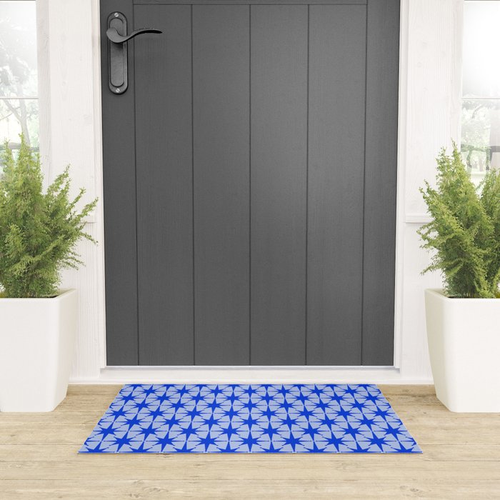 Mid Century Modern Atomic Stars Retro Starburst Pattern in Royal Blue and Light Blue Welcome Mat Gallery Image 3