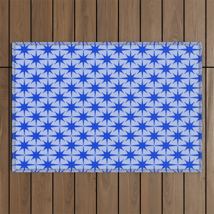 Mid Century Modern Atomic Stars Retro Starburst Pattern in Royal Blue and Light Blue Outdoor Rug Gallery Image 1