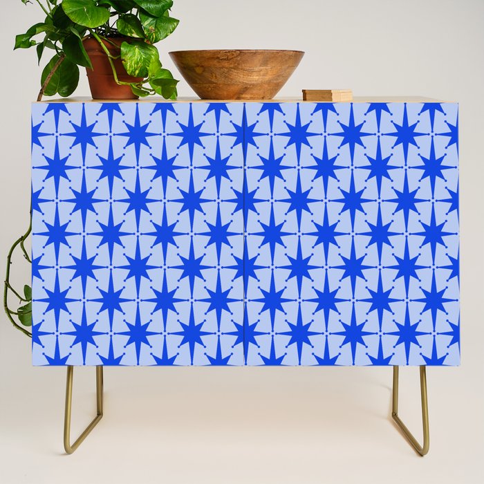 Mid Century Modern Atomic Stars Retro Starburst Pattern in Royal Blue and Light Blue Credenza Gallery Image 1