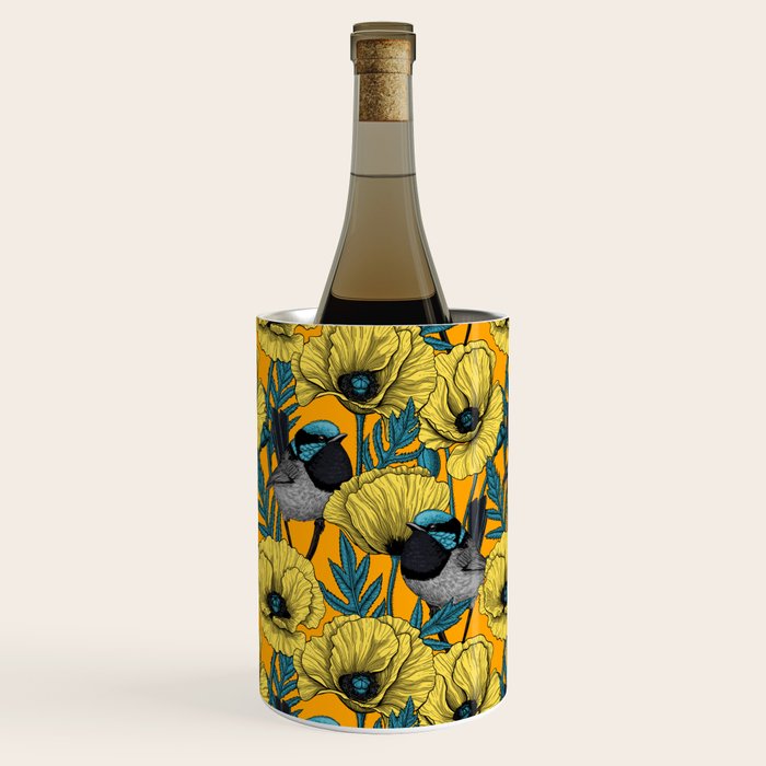 Fairy wren and poppies in yellow Wine Chiller Gallery Image 2