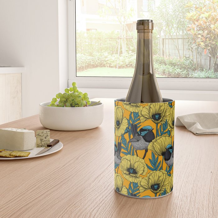 Fairy wren and poppies in yellow Wine Chiller Gallery Image 4