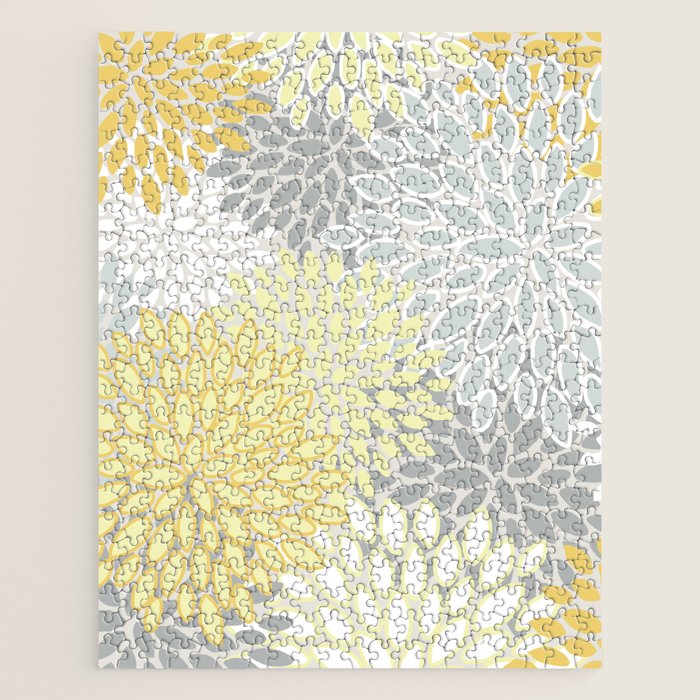 Floral Prints, Soft, Yellow and Gray, Modern Print Art Jigsaw Puzzle Gallery Image 1