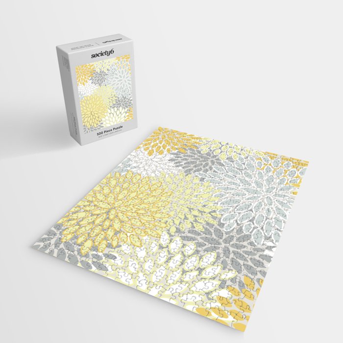 Floral Prints, Soft, Yellow and Gray, Modern Print Art Jigsaw Puzzle Gallery Image 2