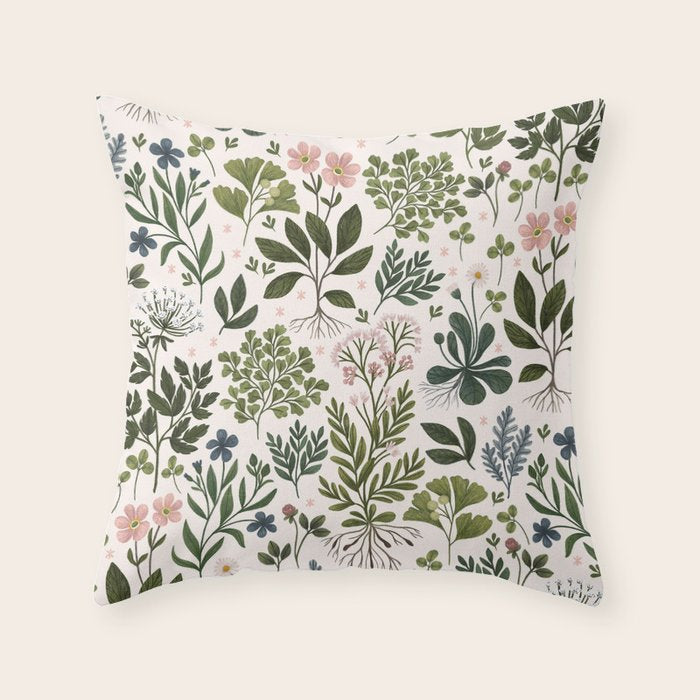 Herbarium ~ vintage inspired botanical art print ~ white Throw Pillow Gallery Image 1