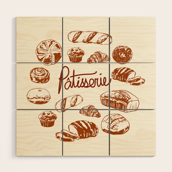 Vintage French Patisserie Bread Bakery Illustration Wood Wall Art Gallery Image 1