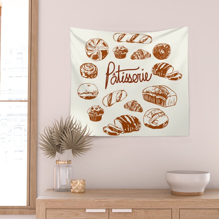 Vintage French Patisserie Bread Bakery Illustration Wall Tapestry Gallery Image 2