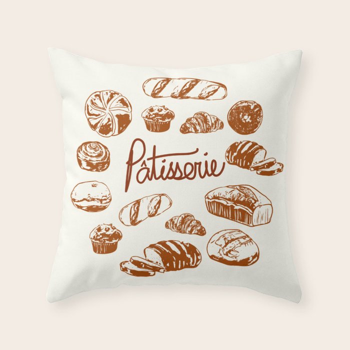 Vintage French Patisserie Bread Bakery Illustration Throw Pillow Gallery Image 1