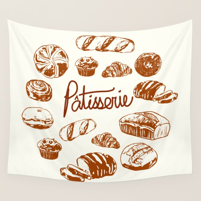 Vintage French Patisserie Bread Bakery Illustration Wall Tapestry Gallery Image 1