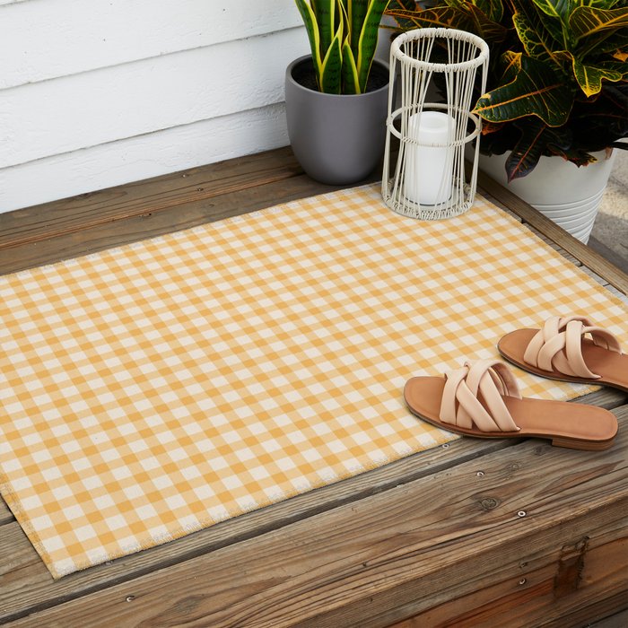 Gingham Checkered Patchwork in Orange Yellow. Outdoor Rug Gallery Image 2