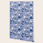 Life is better with books a hot drink and a friend // indigo blue background brown white and blue beagles and cats and classic blue cozy details Wallpaper Gallery Image 2