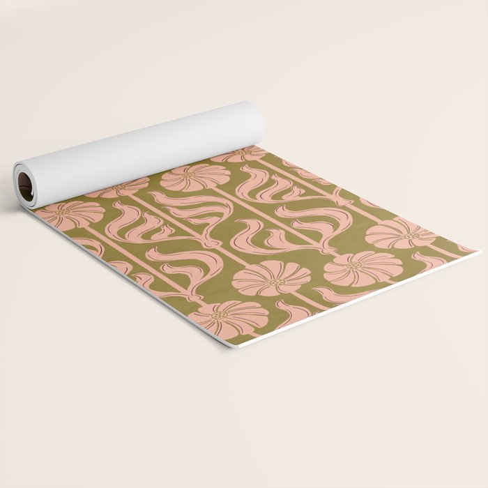 Hand-Drawn Pink And Olive Green Botanical Floral Pattern Yoga Mat Gallery Image 2