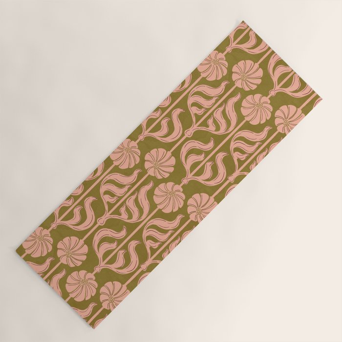 Hand-Drawn Pink And Olive Green Botanical Floral Pattern Yoga Mat Gallery Image 1