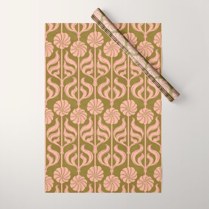 Hand-Drawn Pink And Olive Green Botanical Floral Pattern Wrapping Paper Gallery Image 1