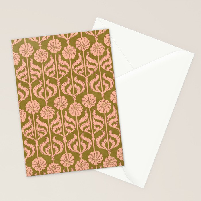 Hand-Drawn Pink And Olive Green Botanical Floral Pattern Stationery Card Gallery Image 2