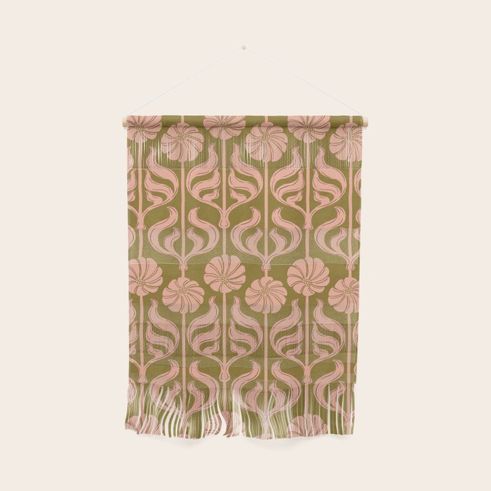 Hand-Drawn Pink And Olive Green Botanical Floral Pattern Wall Hanging Gallery Image 1