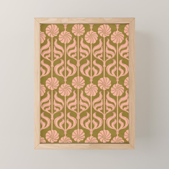 Hand-Drawn Pink And Olive Green Botanical Floral Pattern Mini Art Print Gallery Image 1