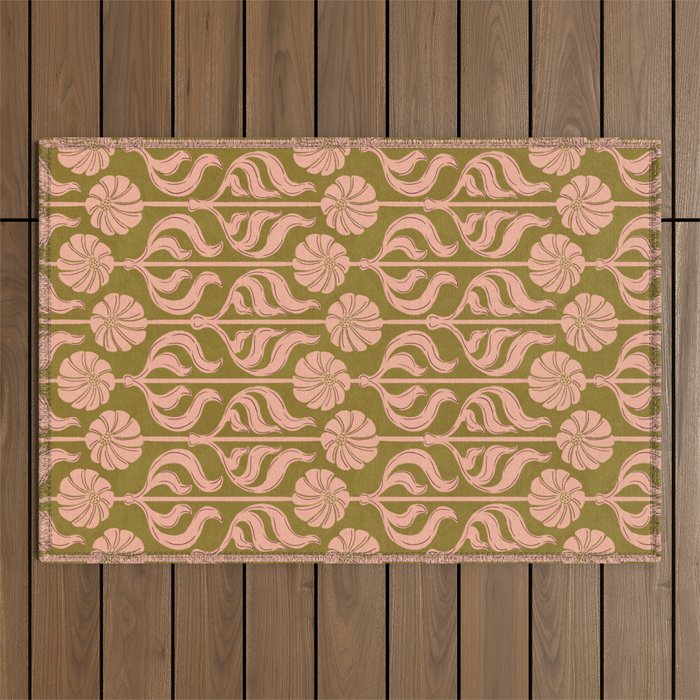 Hand-Drawn Pink And Olive Green Botanical Floral Pattern Outdoor Rug Gallery Image 1