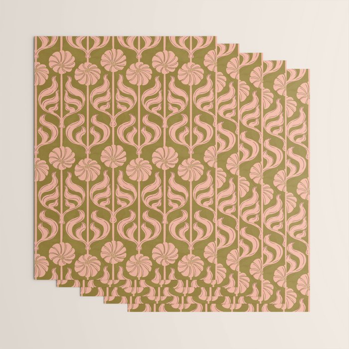 Hand-Drawn Pink And Olive Green Botanical Floral Pattern Wrapping Paper Gallery Image 3