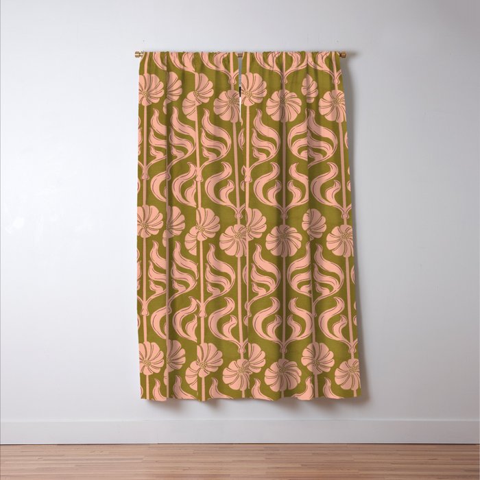 Hand-Drawn Pink And Olive Green Botanical Floral Pattern Window Curtain Gallery Image 3