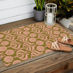 Hand-Drawn Pink And Olive Green Botanical Floral Pattern Outdoor Rug Gallery Image 2