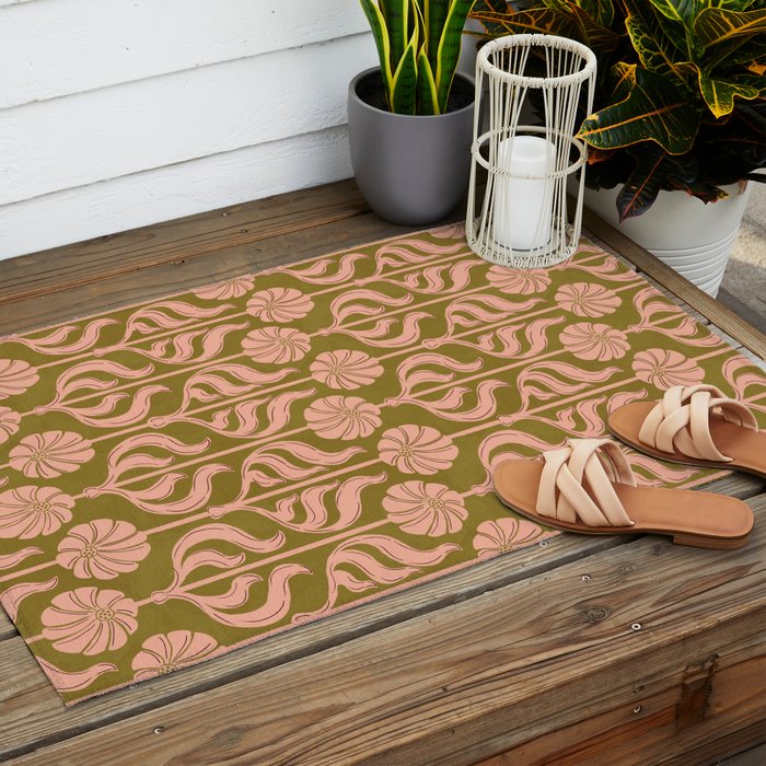 Hand-Drawn Pink And Olive Green Botanical Floral Pattern Outdoor Rug Gallery Image 2