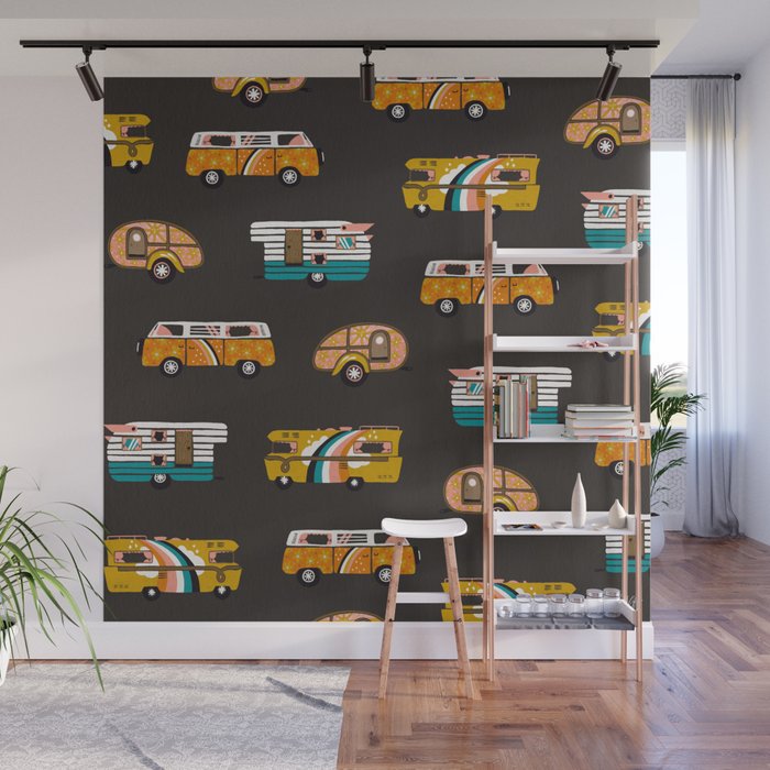 Retro Road Trip - Charcoal Wall Mural Gallery Image 1