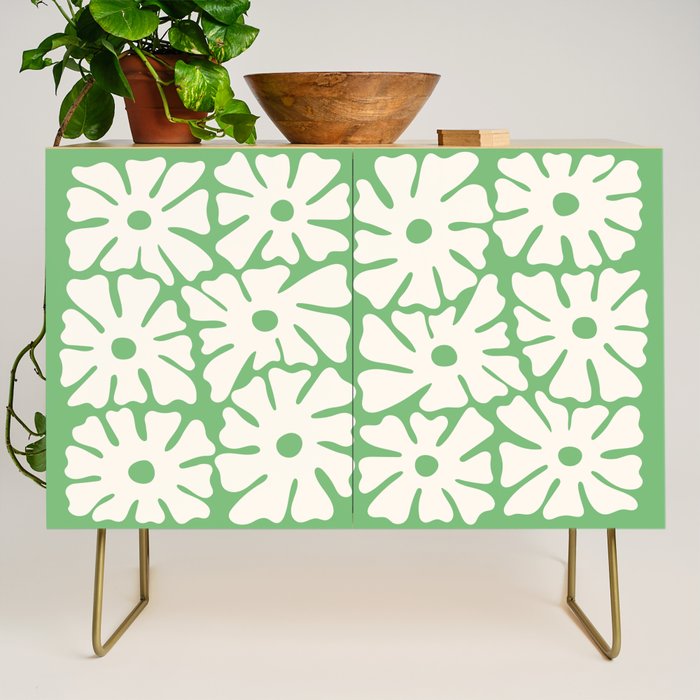 Mid-Century Flowers in Green & White Credenza Gallery Image 1