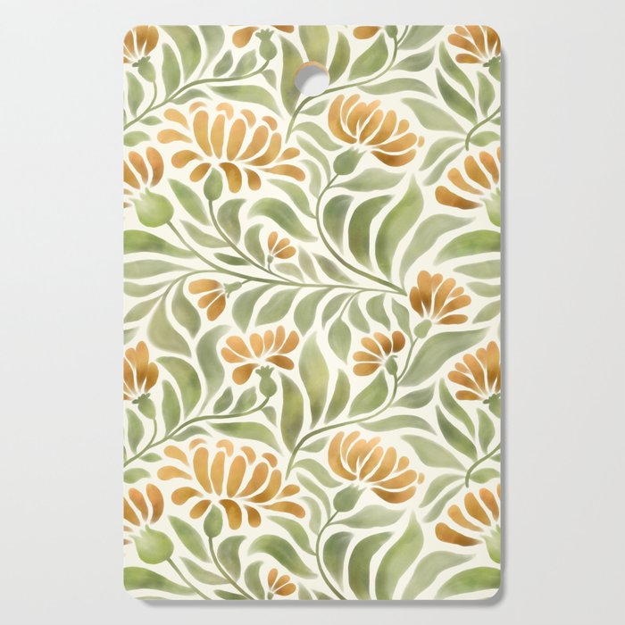 Watercolor Peony pattern in yellow and olive green Cutting Board Gallery Image 1
