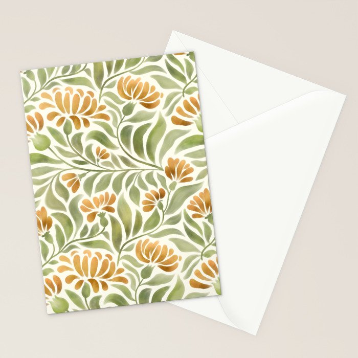 Watercolor Peony pattern in yellow and olive green Stationery Card Gallery Image 2