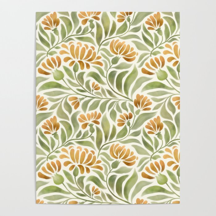 Watercolor Peony pattern in yellow and olive green Poster Gallery Image 1