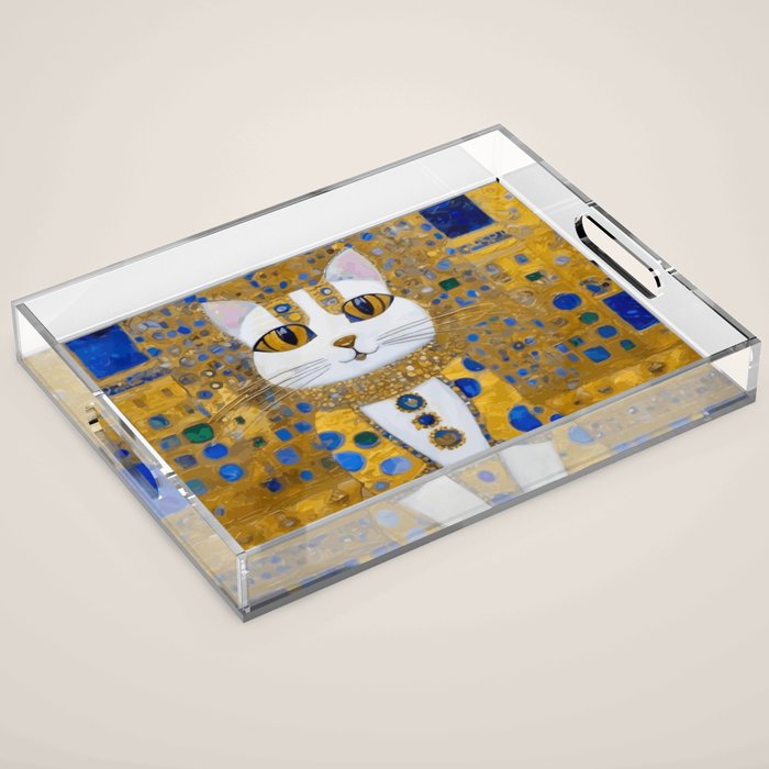 White Klimt Cat with Golden Eyes in Geometric Pattern Acrylic Tray Gallery Image 1