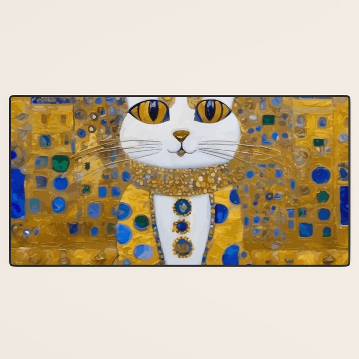White Klimt Cat with Golden Eyes in Geometric Pattern Desk Mat Gallery Image 3