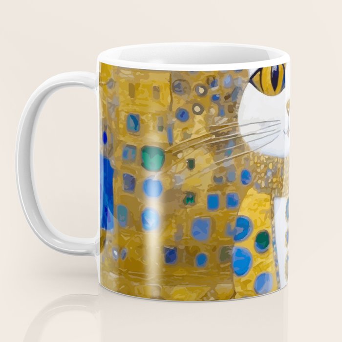 White Klimt Cat with Golden Eyes in Geometric Pattern Coffee Mug Gallery Image 3