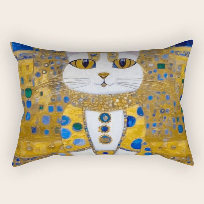 White Klimt Cat with Golden Eyes in Geometric Pattern Rectangular Pillow Gallery Image 1
