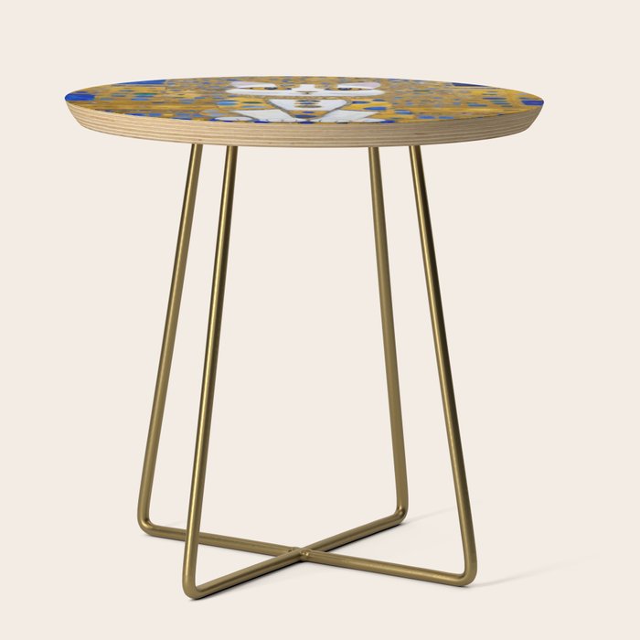 White Klimt Cat with Golden Eyes in Geometric Pattern Side Table Gallery Image 1