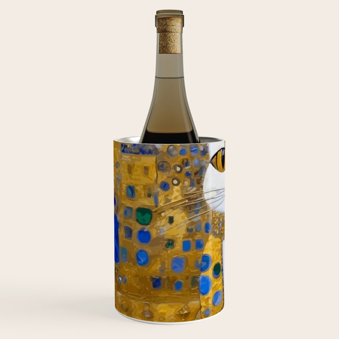 White Klimt Cat with Golden Eyes in Geometric Pattern Wine Chiller Gallery Image 2