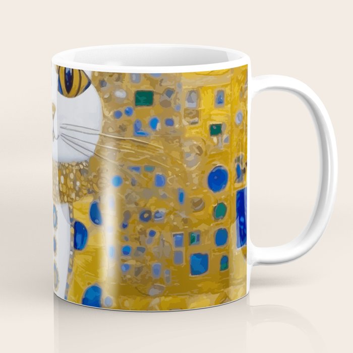 White Klimt Cat with Golden Eyes in Geometric Pattern Coffee Mug Gallery Image 1