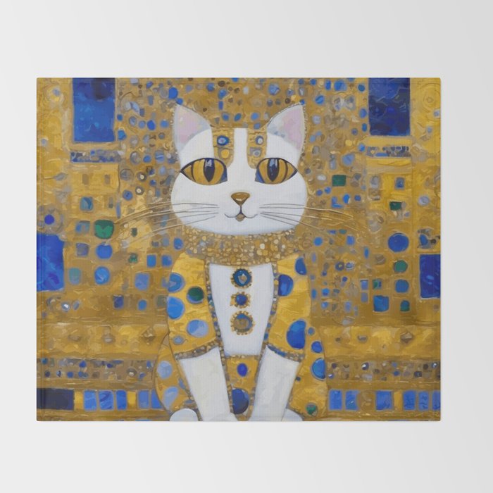 White Klimt Cat with Golden Eyes in Geometric Pattern Throw Blanket Gallery Image 2