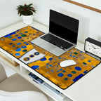White Klimt Cat with Golden Eyes in Geometric Pattern Desk Mat Gallery Image 2