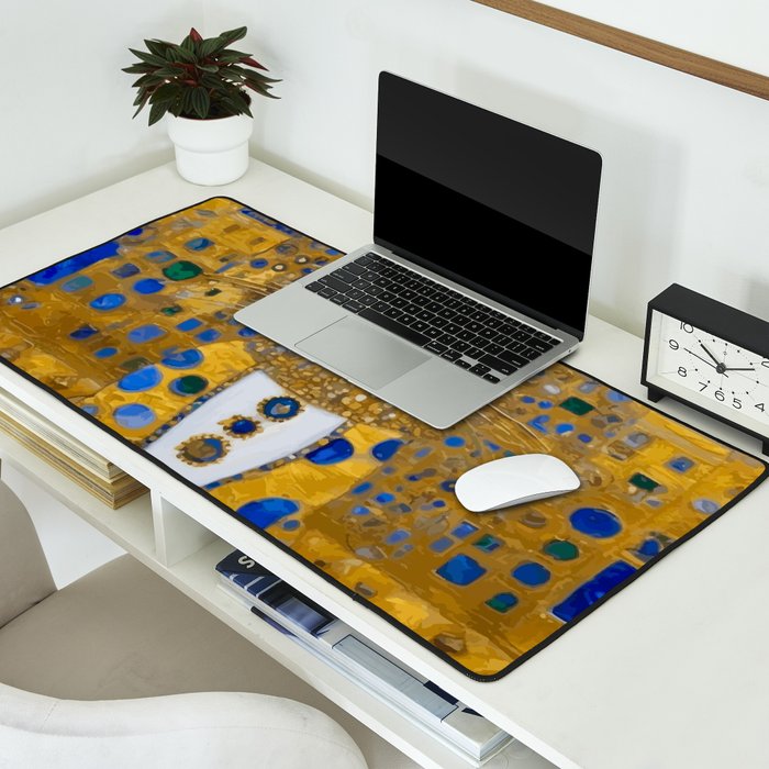 White Klimt Cat with Golden Eyes in Geometric Pattern Desk Mat Gallery Image 2