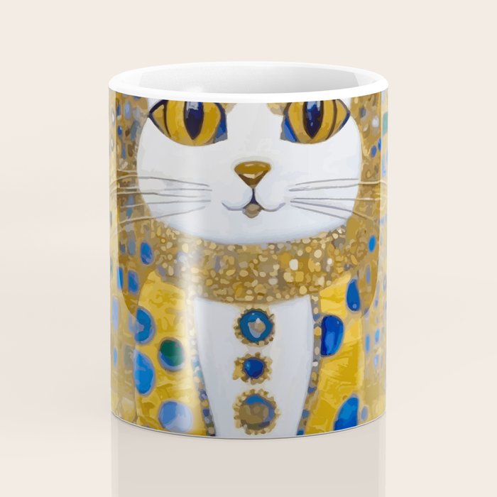 White Klimt Cat with Golden Eyes in Geometric Pattern Coffee Mug Gallery Image 4