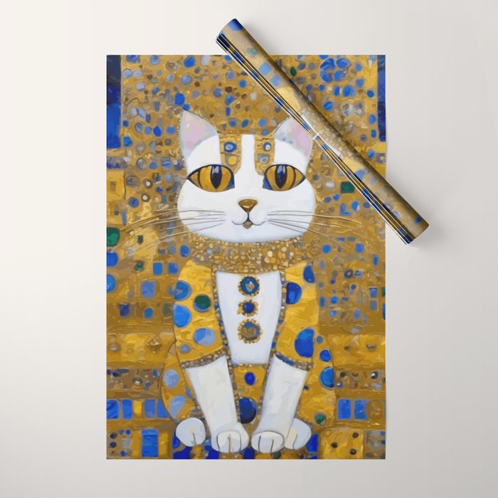 White Klimt Cat with Golden Eyes in Geometric Pattern Wrapping Paper Gallery Image 1