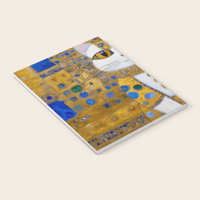 White Klimt Cat with Golden Eyes in Geometric Pattern Notebook Gallery Image 3