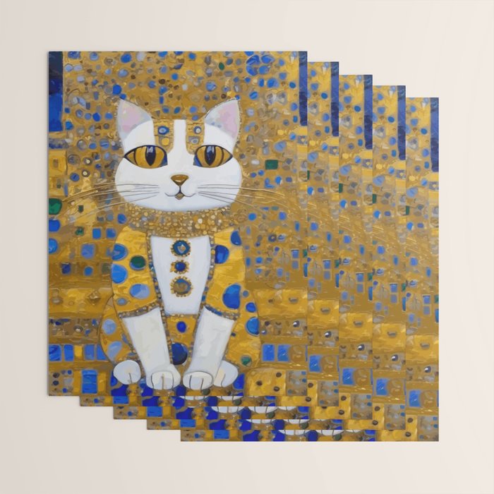 White Klimt Cat with Golden Eyes in Geometric Pattern Wrapping Paper Gallery Image 3