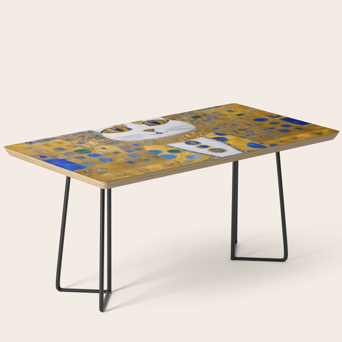 White Klimt Cat with Golden Eyes in Geometric Pattern Coffee Table Gallery Image 1