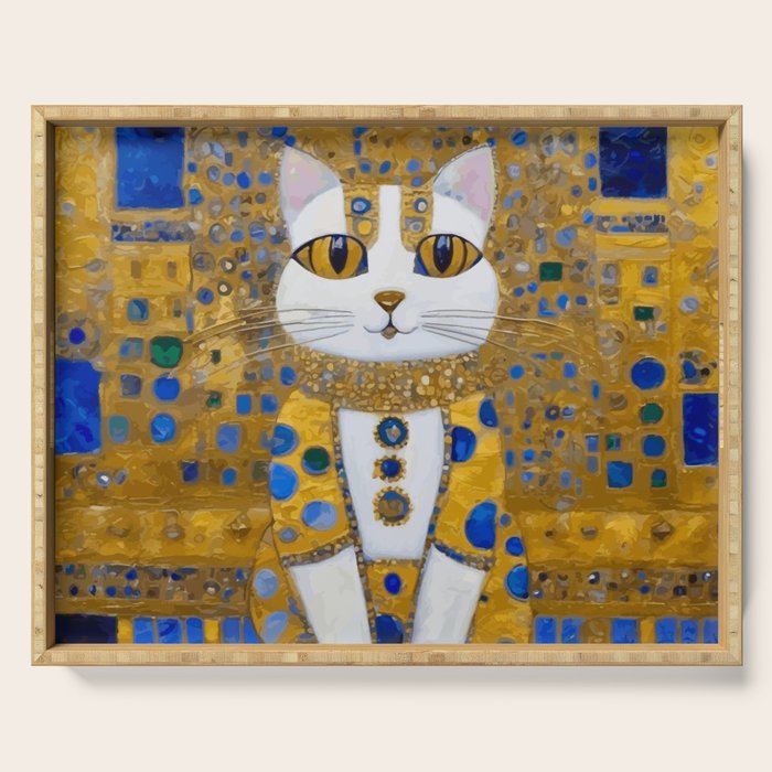 White Klimt Cat with Golden Eyes in Geometric Pattern Serving Tray Gallery Image 1